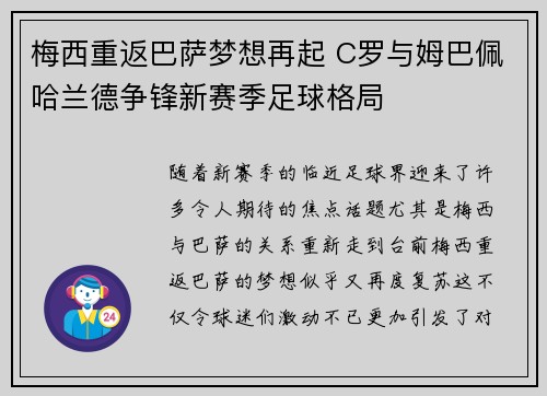 梅西重返巴萨梦想再起 C罗与姆巴佩哈兰德争锋新赛季足球格局