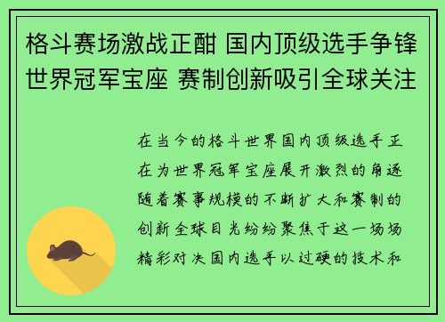 格斗赛场激战正酣 国内顶级选手争锋世界冠军宝座 赛制创新吸引全球关注